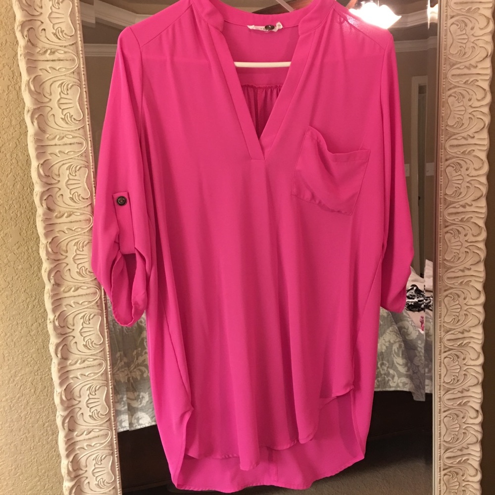 Lush Hot Pink V-Neck Roll-Sleeve Tunic Top 2 for $20